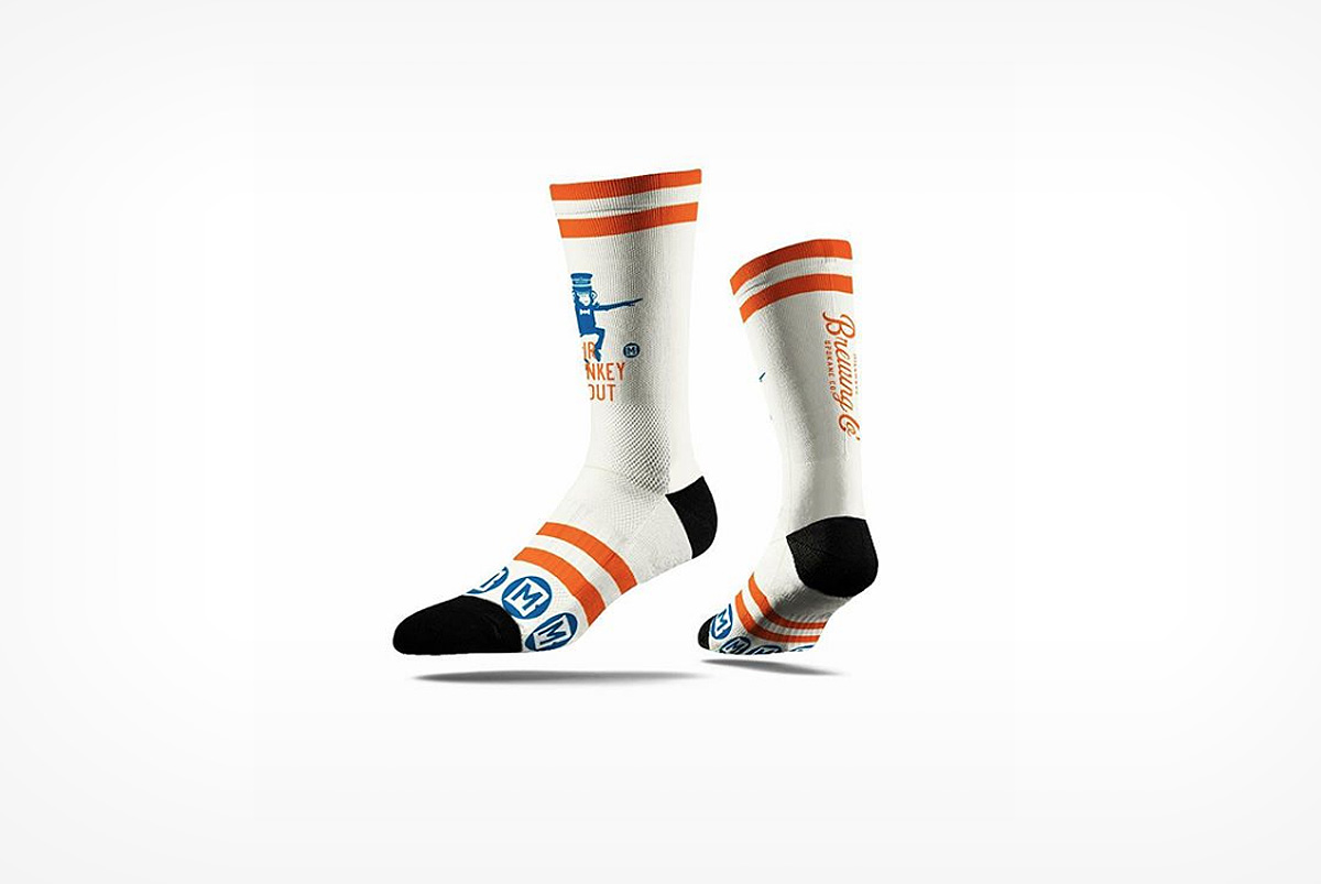 Millwood Brewing Company Air Monkey Stout retro sock design for craft beer maker